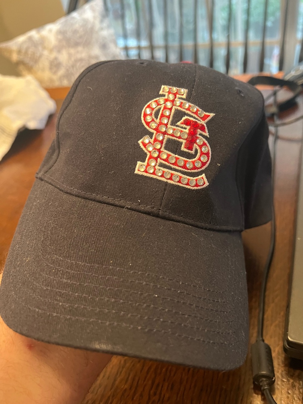 Black Baseball Cap with Red and White bejeweled 'STL' Logo